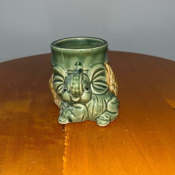 Elephant Planter Small Green Ceramic Trunk Up Big Ears Brown Accents 3 inch - Picture 1 of 6